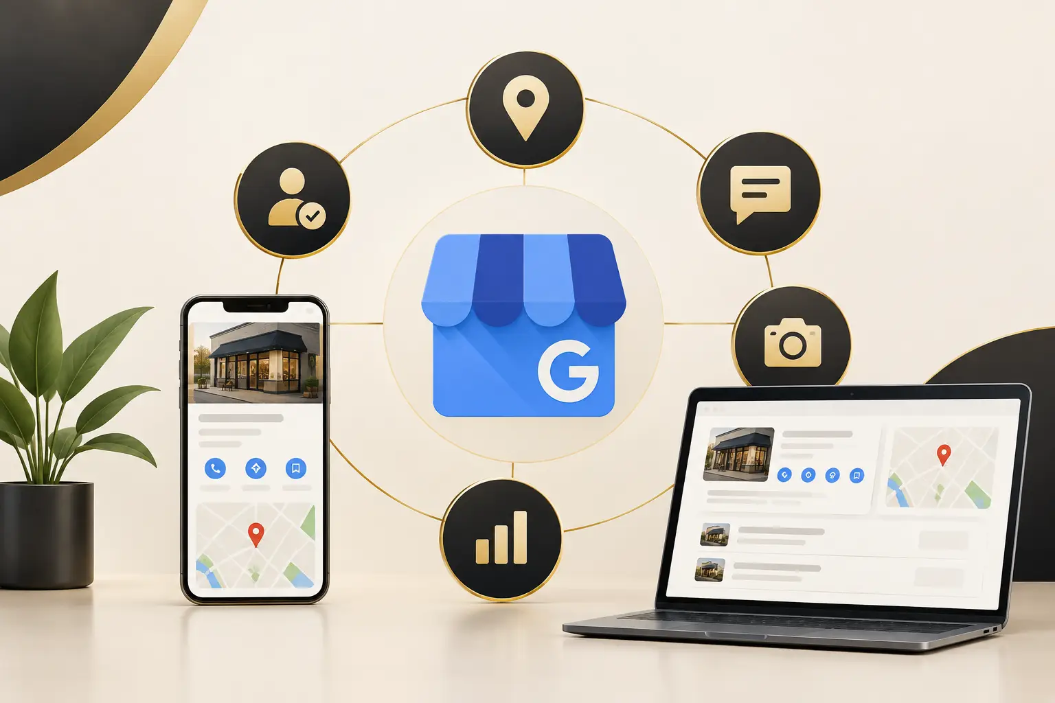 A local business profile connects listing details, location, photos, reviews and reporting.