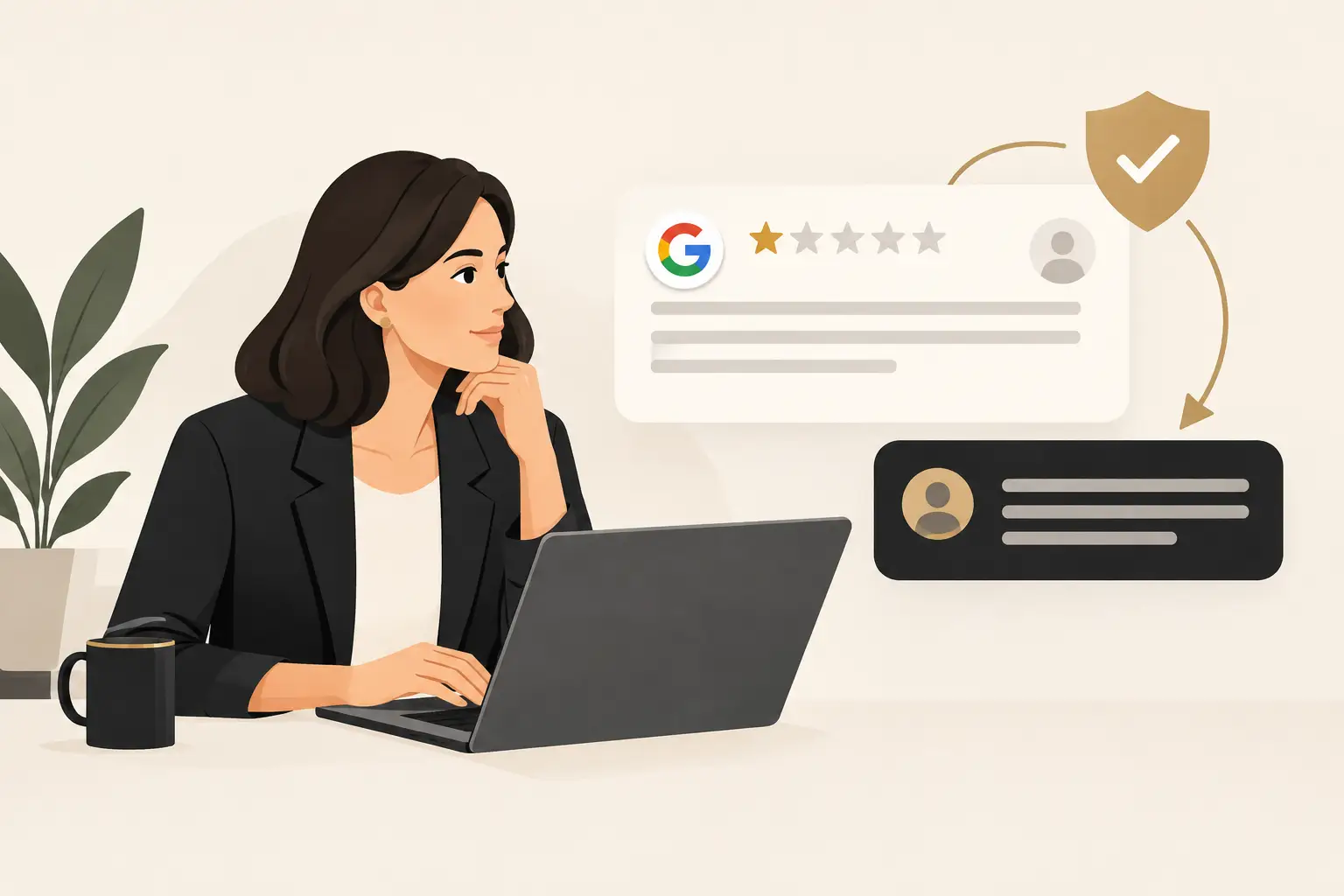 A business owner reviews a one-star customer review and prepares a measured response.