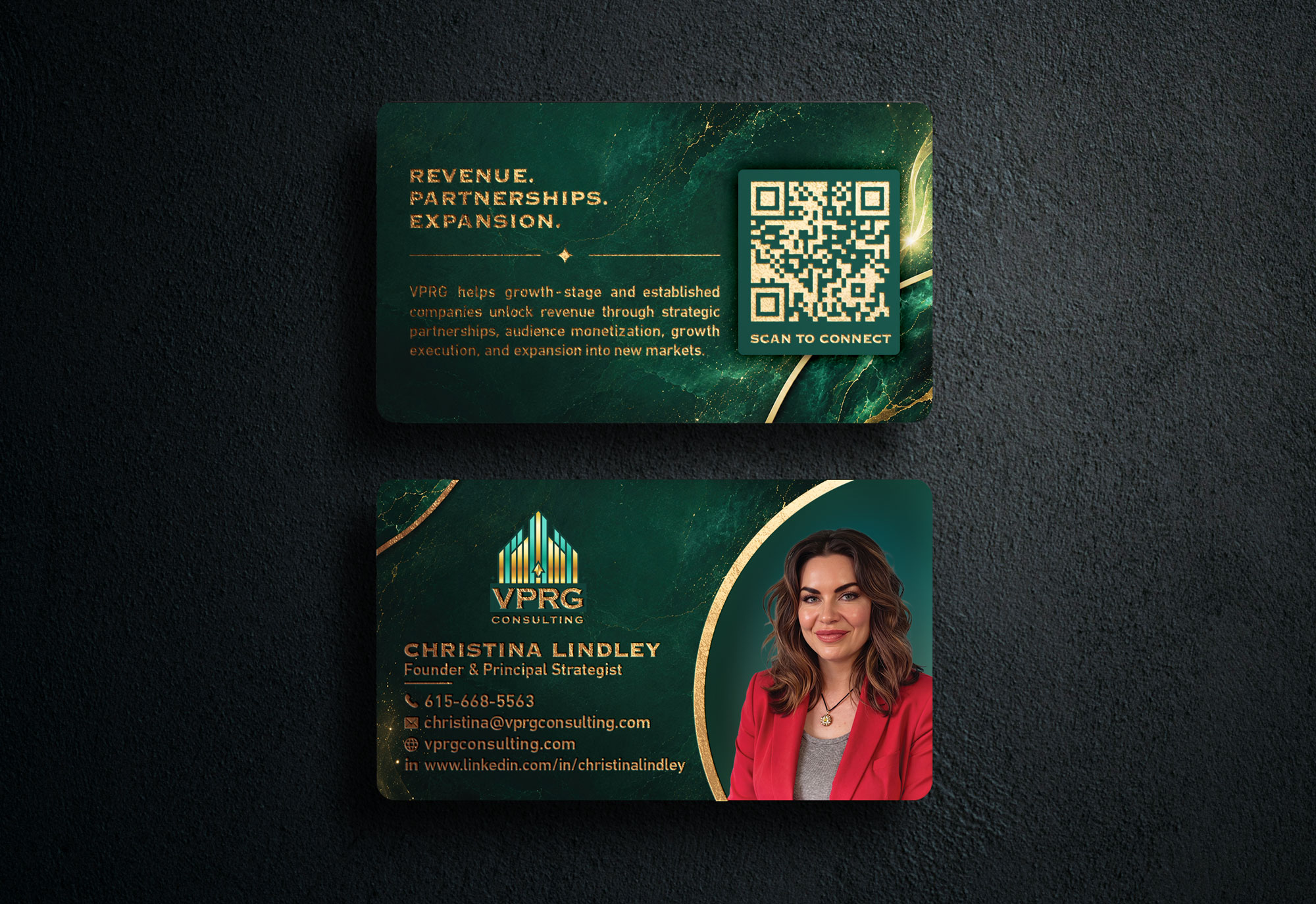 VPRG Consulting emerald and gold founder brand and business-card design